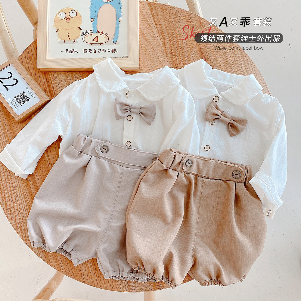 Children's Suit 0-3 Years Old Autumn Baby Pure Color Shirt Shorts Two-Piece Set Baby One-Year-Old Dress Mt017 Pure Cotton