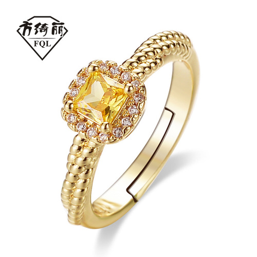Xiaohongshu Small Sugar Yellow Crystal Diamond Ring for Women, Unique Design Sense, Instagram Style Ring, 18k Jewelry Wholesale