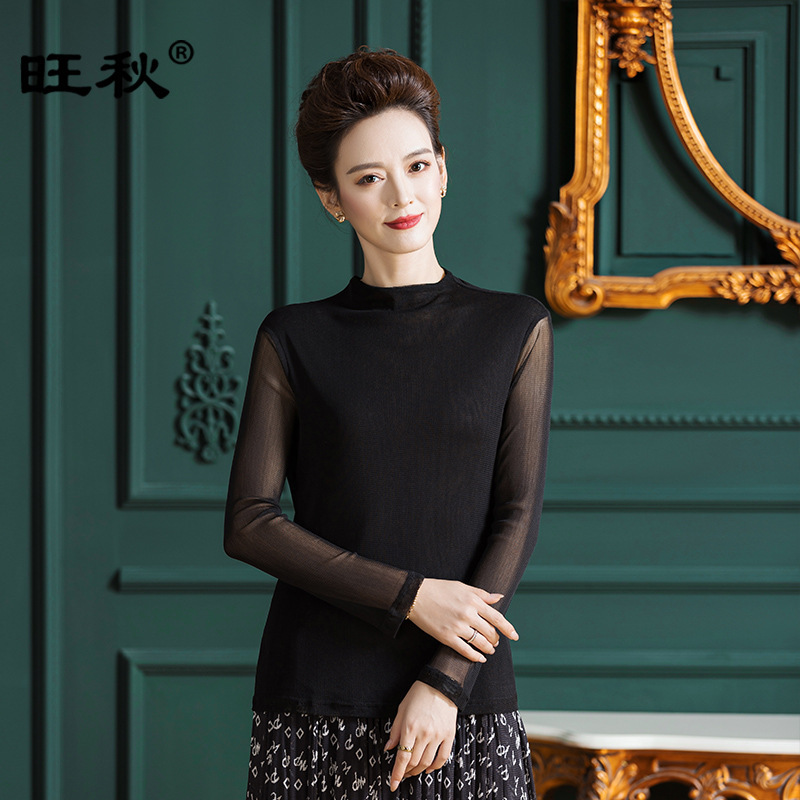 A generation of half-high collar mesh silk jacket thin solid color stretch slim women's mulberry silk T-shirt F6098