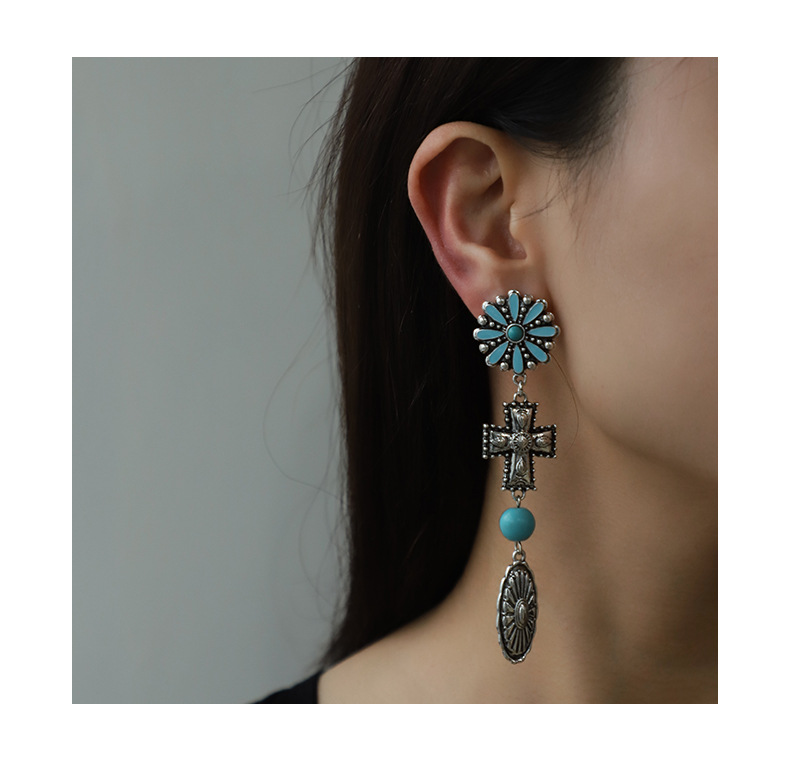 IG Style Retro Cross Flower Alloy Plating Inlay Turquoise Women's Earrings Necklace display picture 1