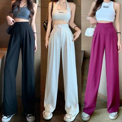 Summer Versatile American-Style Casual Pants for Women, Thin High-Waisted Drapey Floor-Length Slimming Straight-Leg Pants, Petite Suit Pants
