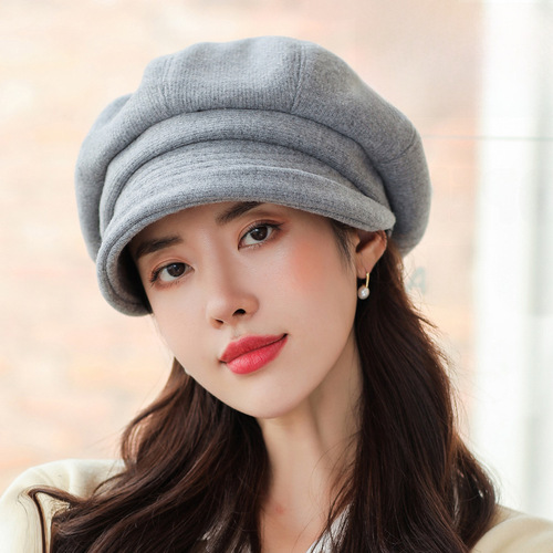Trendy Autumn/Winter Warm-Keeping Octagonal Hat with Rolled Brim | Women's Fashionable Japanese-Style Newsboy Cap | Solid-Color Beret with Curved Edge | Winter Hat