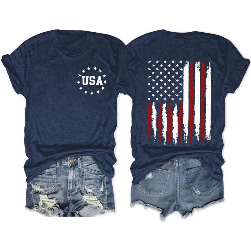 【European Size Cotton T】4Th of July Shirt Women's American Patriotic T-Shirt American Stars and Stripes Pattern