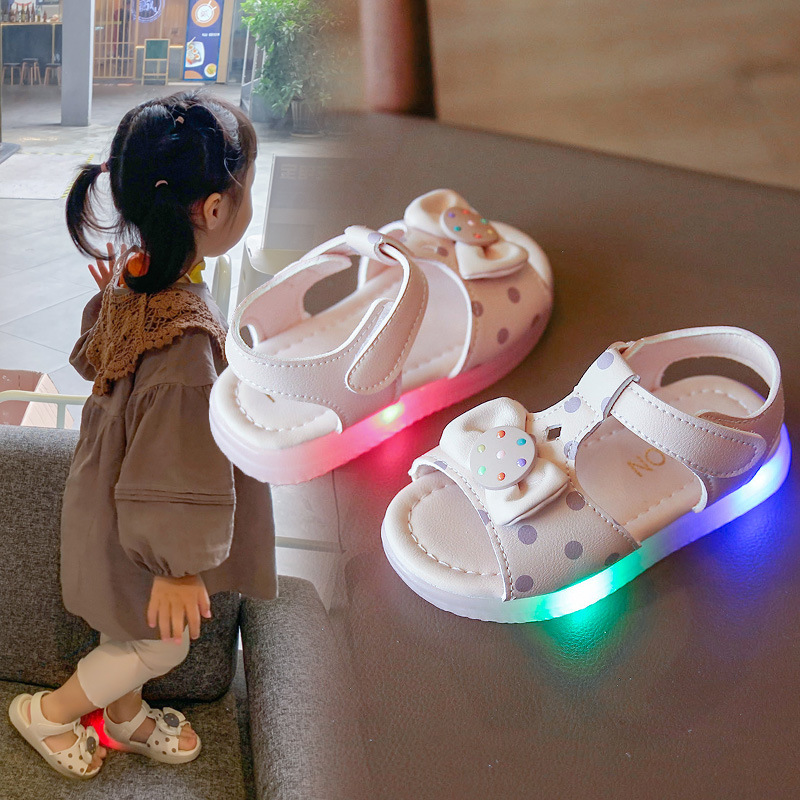 寶寶鞋女童涼鞋2021夏季新款LED燈可愛蝴蝶結小女孩露趾魔術貼韓