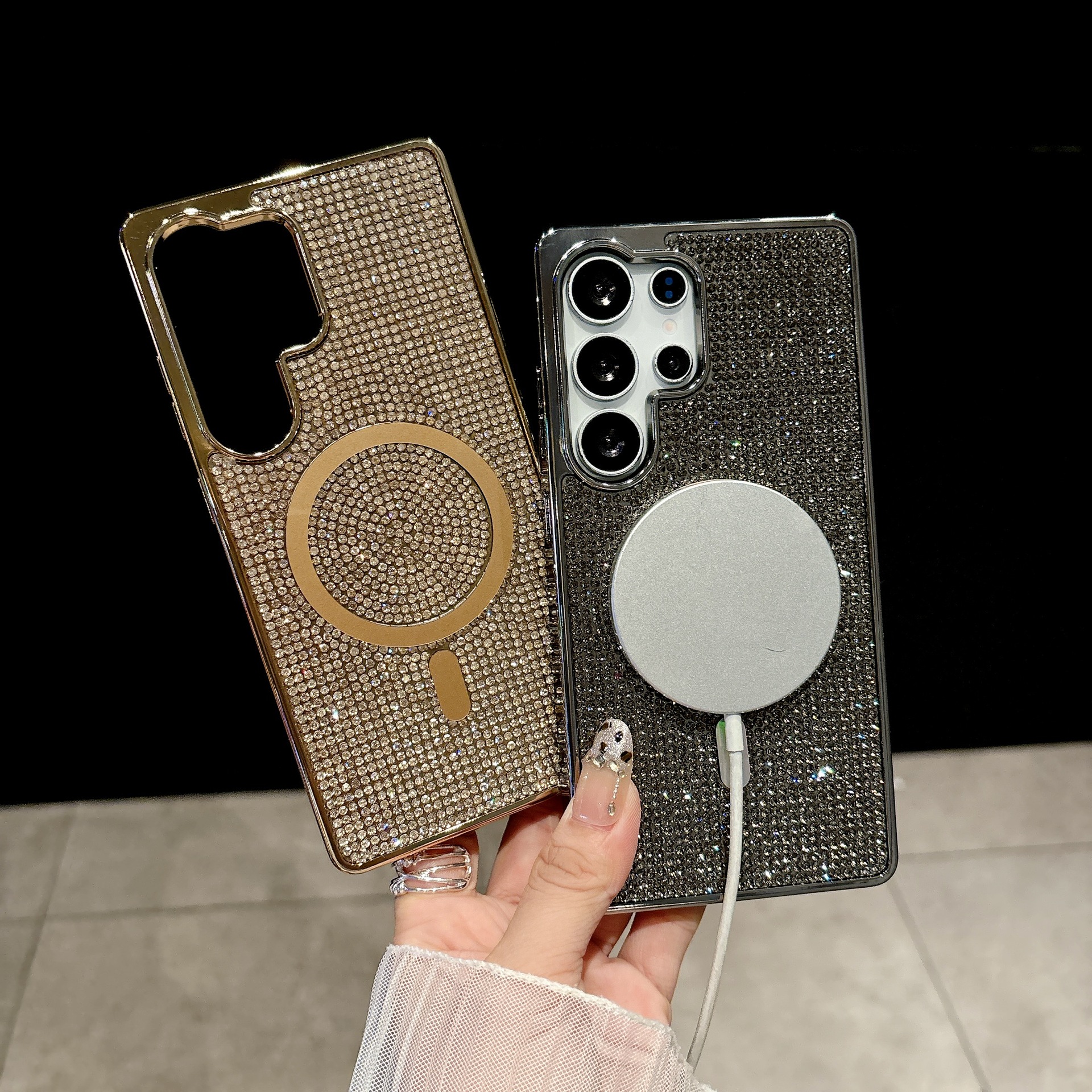 Suitable For Samsung S24 Ultra Electroplated Dazzling Magnetic Rhinestone Phone Case, S25 Plus Luxurious Full-rhinestone_voghion.com