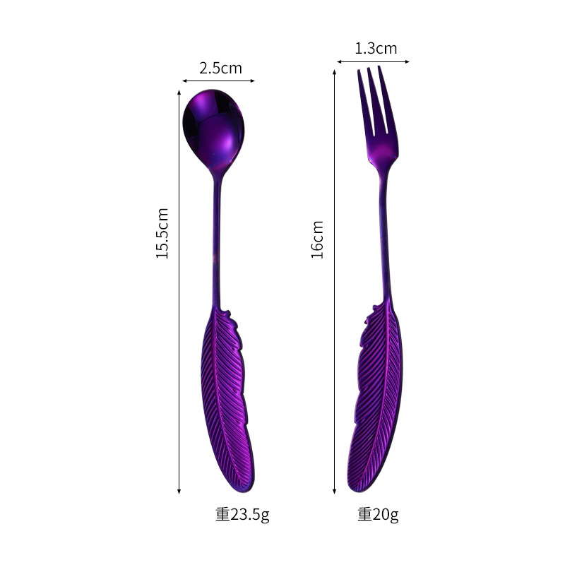 Creativo chapado en oro de color 304 de acero inoxidable de plumas cuchara de pastel cuchara de postre Tenedor de fruta cuchara de café cuchara de agitación