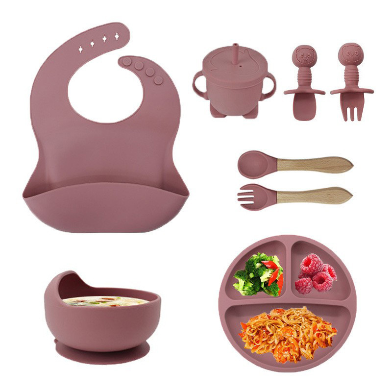 Midole Baby Silicone Tableware suit Baby Food Bowl Feeding Dinner Plate Bib Cup Fork Spoon Supplies