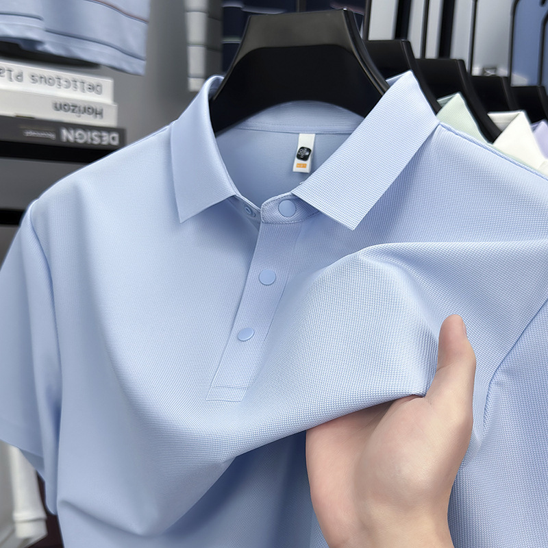 High-Quality 10A Antibacterial Seamless Polo Shirt for Men, Summer Business Casual Solid Color Turn-Down Collar Ice Silk Short-Sleeve T-Shirt