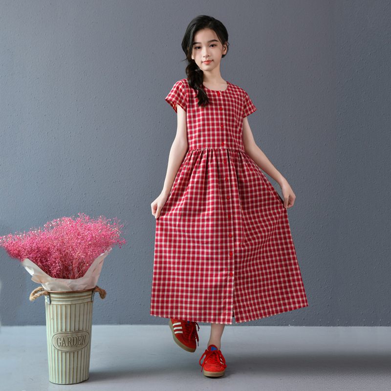 Falda de niña de estilo de vacaciones de bolsillo nuevo vestido a cuadros rojo de temperamento de longitud media falda de swing grande de manga corta de verano