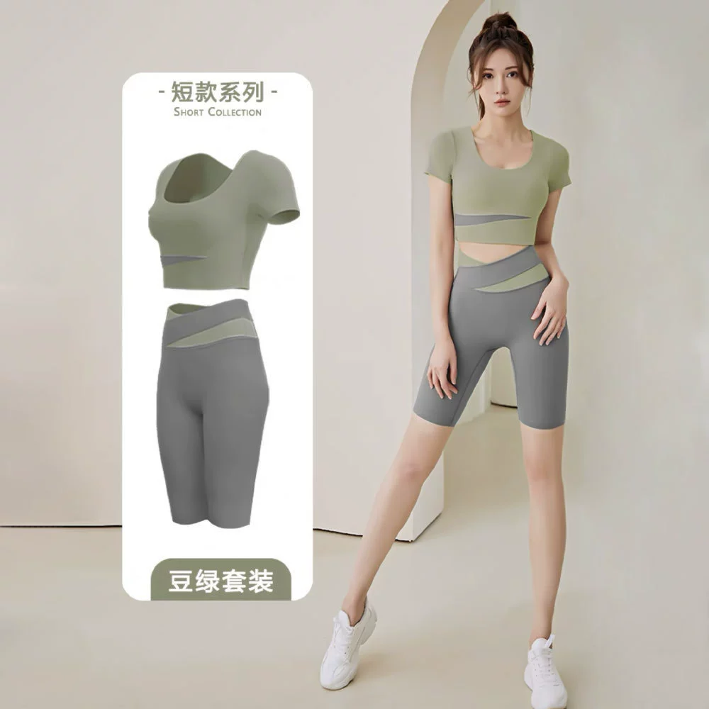  Summer sports breast pads, leggings, trousers for gym, set, with short sleeve, beautiful back