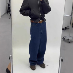 高バージョンvujade009 2色のストレートボタン男女同型レトロ通勤カジュアルゆったりデニム長ズボン