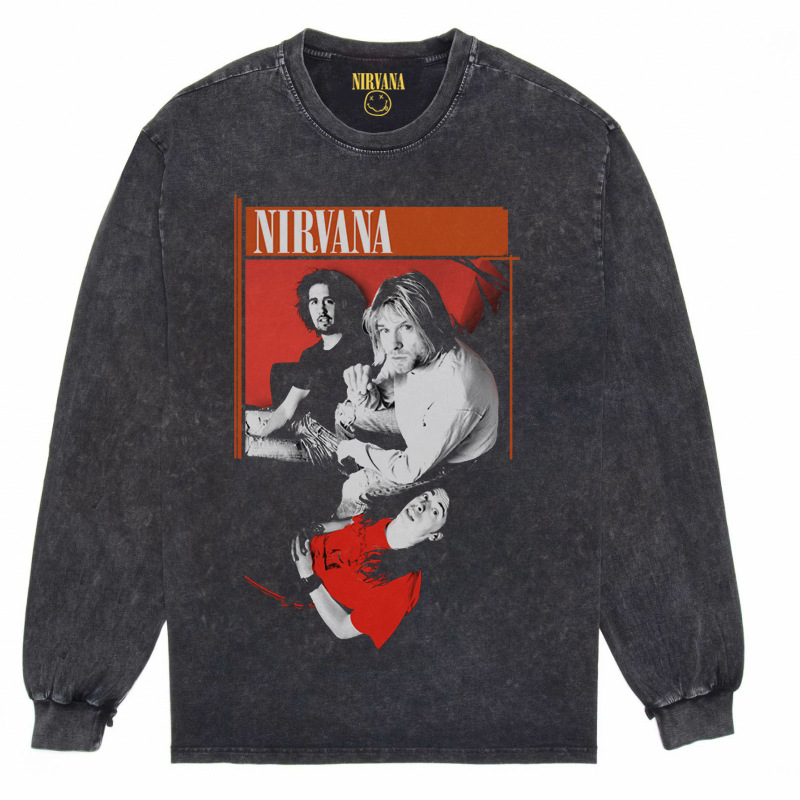 Nirvana Vintage American retro apenado rock punk angustiado lavado batik Camiseta de manga larga