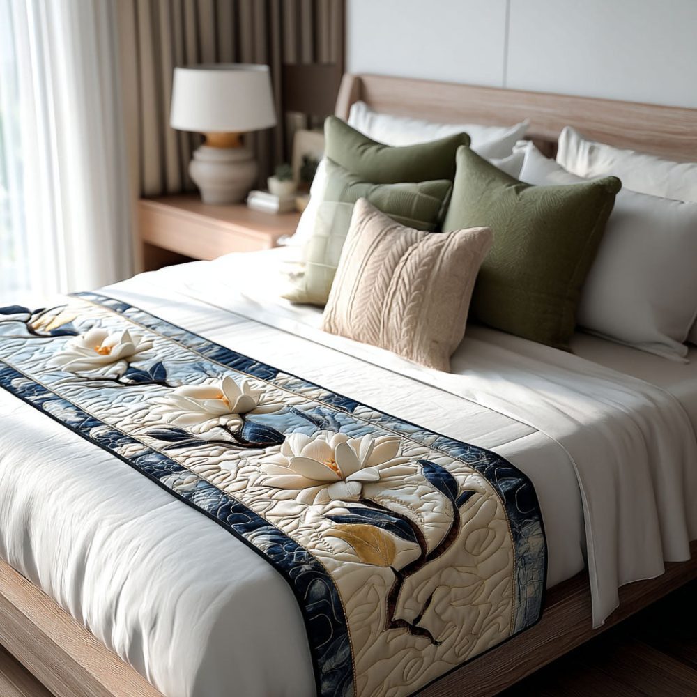 Exclusive for cross-border sales: Ink lotus pattern quilted bed runner, digital printing, suitable for all seasons, direct from the manufacturer