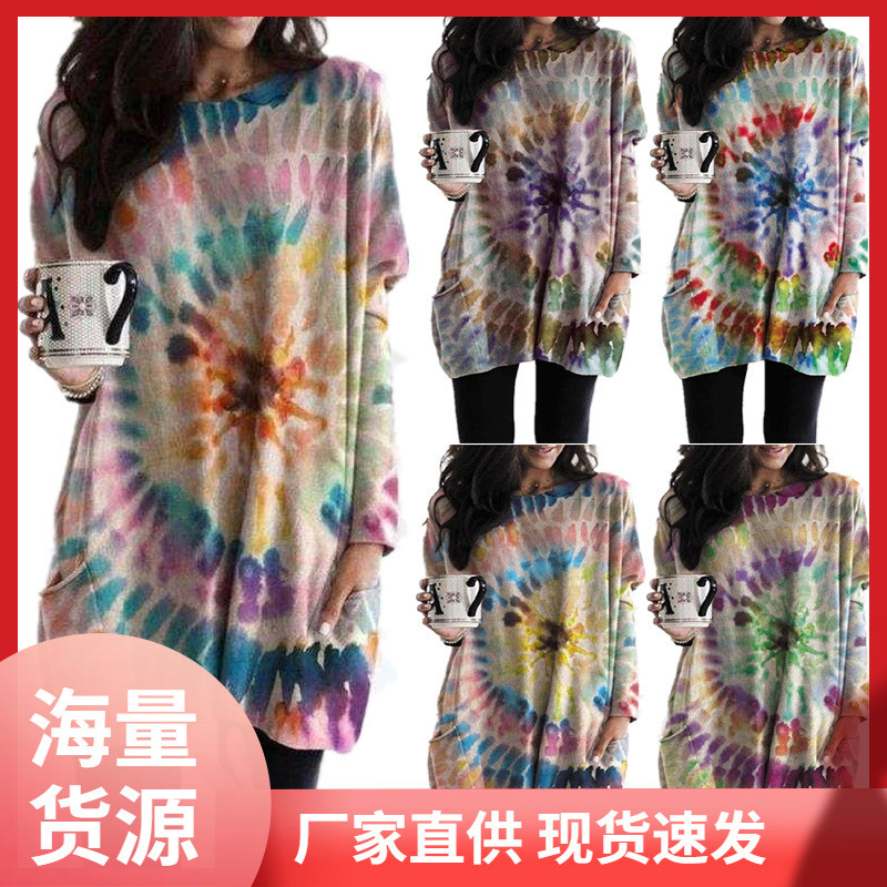 2021 Autumn and Winter New Amazon Wish European and American Cross-Border Women's Clothing Printed Spiral Bat Sleeve Sweatshirt Dress for Women