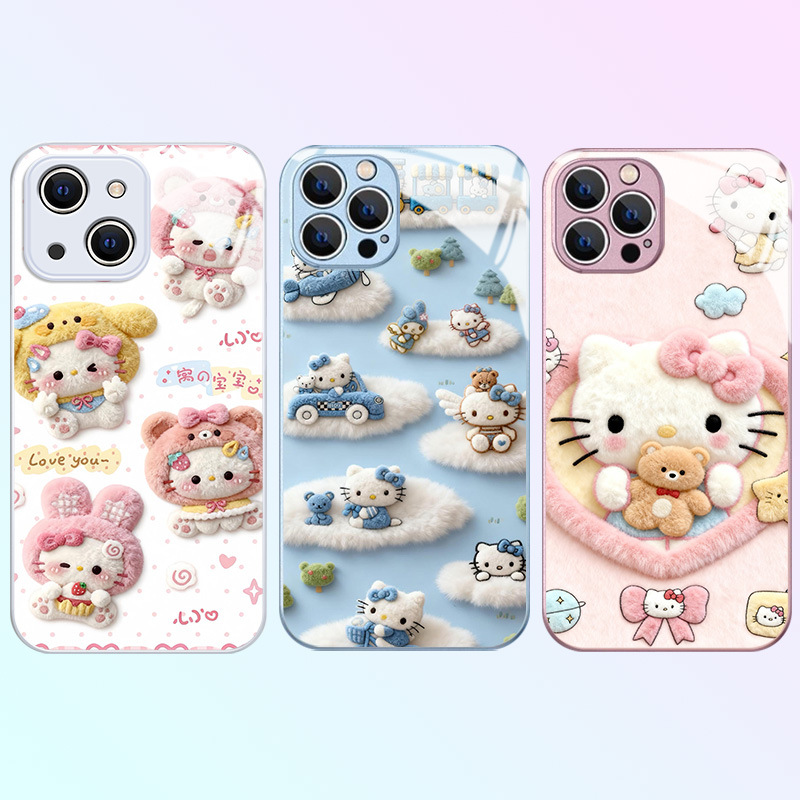 Cute Plush Metallic Paint Glass Case Suitable for Iphone17Promax Apple 16 Mobile Phone Case 15 New Style 14