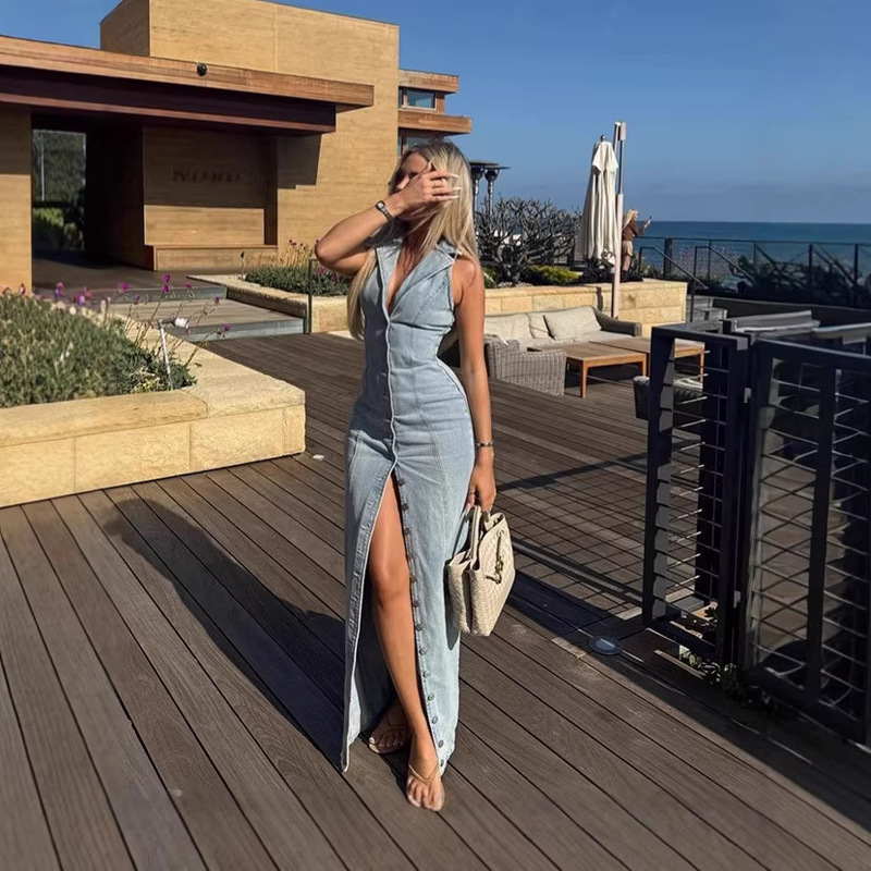 Aliexpress Cross-Border 2026 Summer New Style Women's European and American Style Blue Sexy Button Denim Long Dress Aliexpress Cross-Border 2026 Summer New Style Women's European and American Style Blue Sexy Button Denim Long Dress