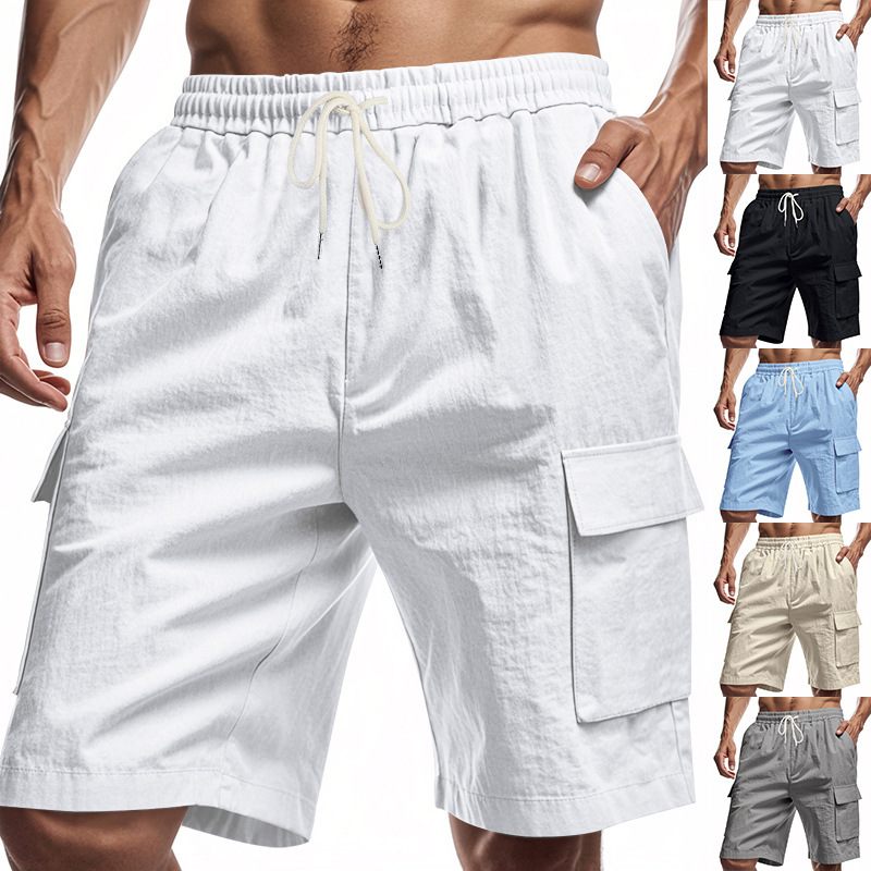 Monos multibolsillos estadounidenses transfronterizos, pantalones cortos de cinco puntos para hombres, deportes al aire libre, ocio, ropa de lino de color sólido suelto image 4