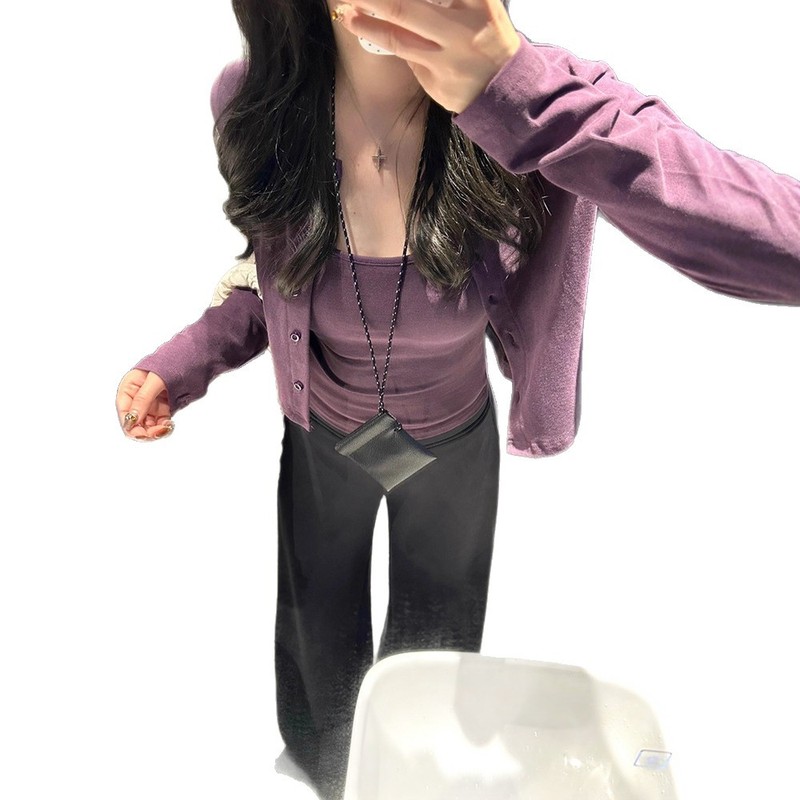 紫色两件套吊带内搭开衫外套女早秋2025新修身短款小个子chic上衣|undefined
