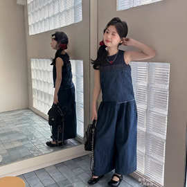 女童套装26夏新韩系洋气斜肩吊带牛仔马甲织里童装休闲牛仔阔腿裤