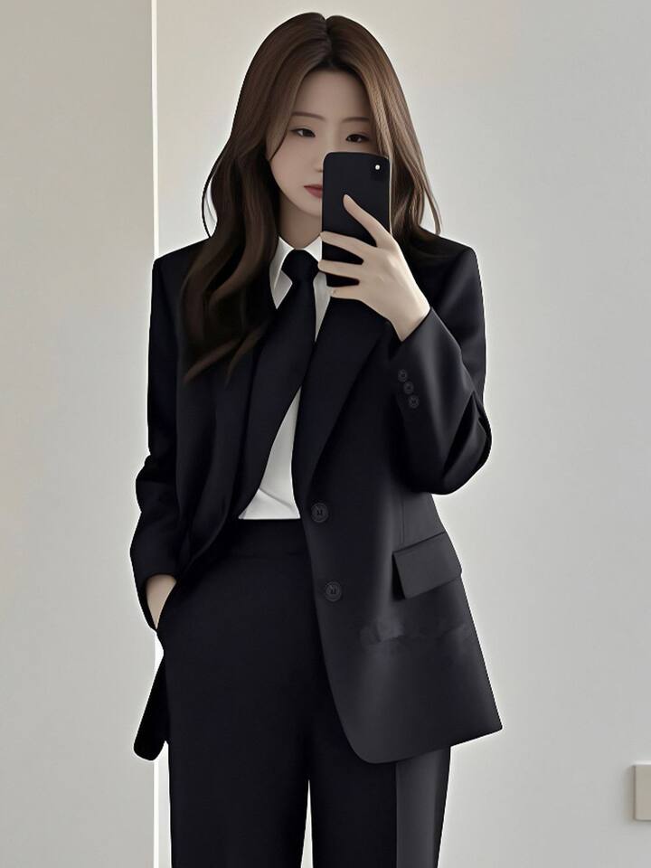 Bộ vest nữ công sở áo khoác vest đen dài tay kèm quần tây ống đứng — Quần tây ống đứng một chiếc, chiều dài quần khoảng 97cm, Áo khoác vest đơn chiếc, Áo khoác vest đơn + Quần tây ống đứng màu đen tuyền chi tiết 21