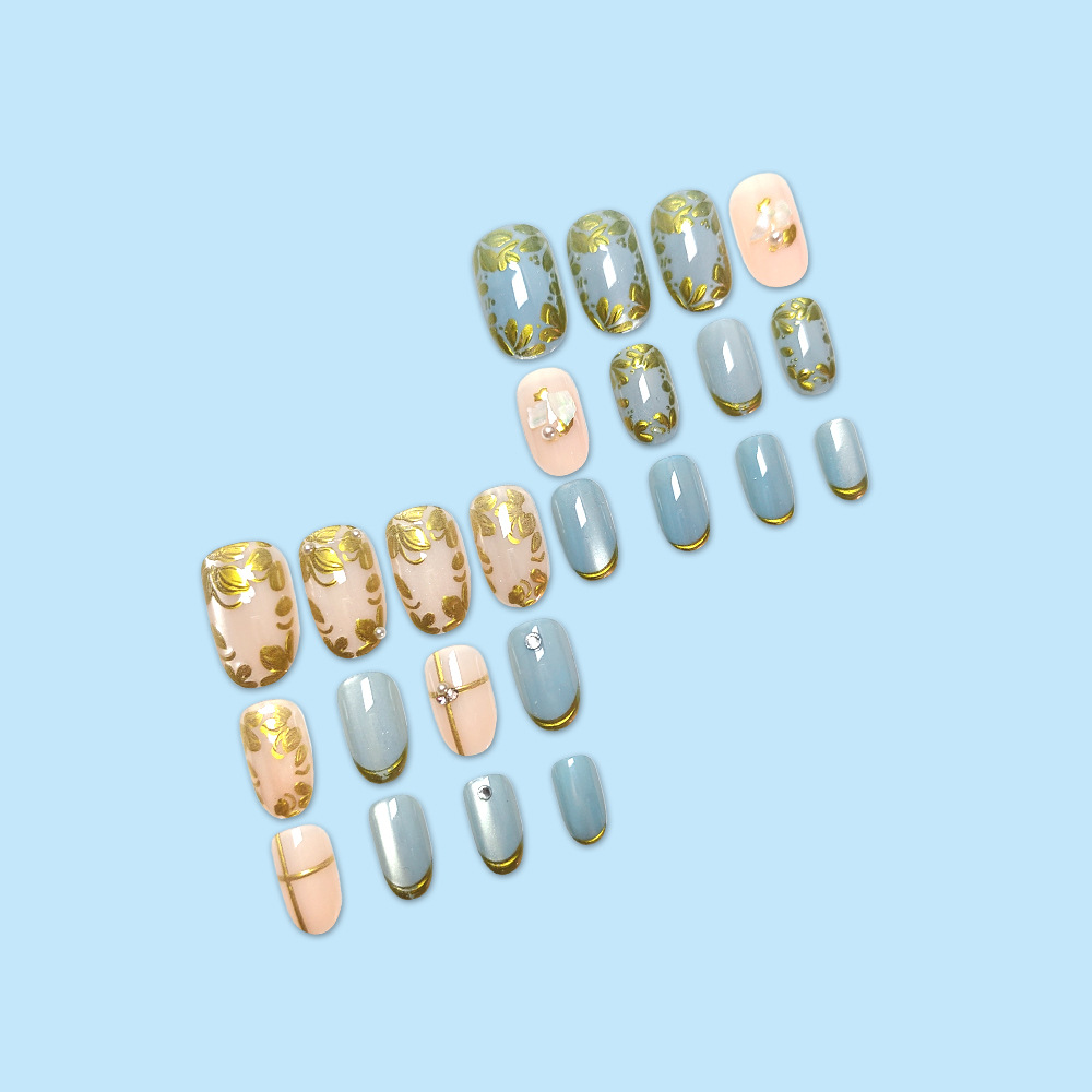 3D estereoscópico petal de oro lipa manicura punto de diamante azul rosa ojo de gato usar uñas de uñas transfronterizas 24 piezas de parche de uñas