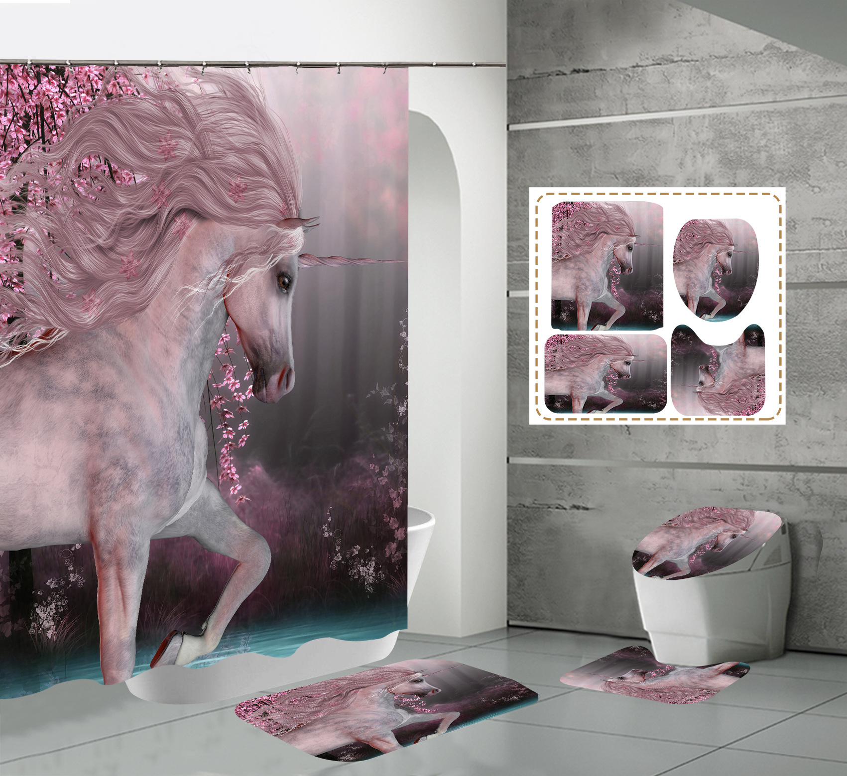 3D-HD-Digitaldruck, wasserdichter Polyester-Tier-Pferd-Duschvorhang_voghion.com