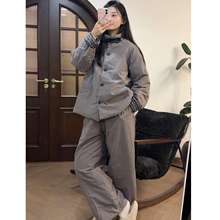 韩版纯色情侣款双面夹棉睡衣女秋冬款加厚大码棉服保暖家居服套装