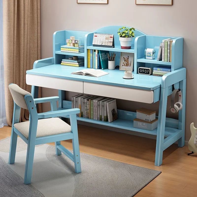 Solid Wood Desk Manual Lifting Table Middle School Student Desk Bedroom Home Simple Desk Bookshelf Integrated Writing Desk and Chair