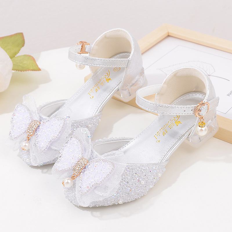 New Girls Crystal Shoes Children High Heels Student Stage Show Shoes Silver White Children Princess Shoes