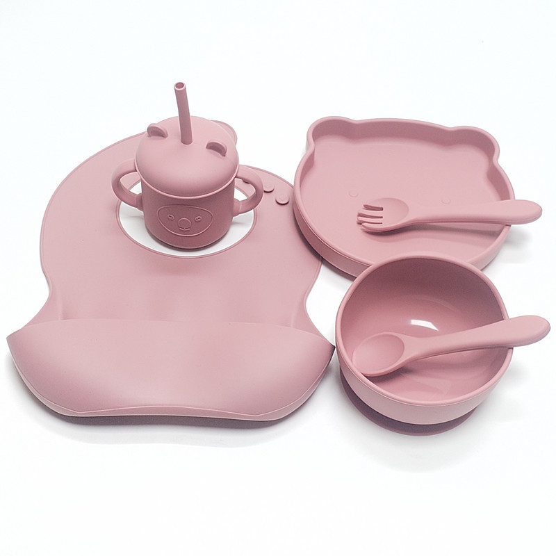 버건디 (리틀베어 1칸 실리콘 접시 + 어린이 그릇 + 턱받이 + 컵 + 풀 실리콘 + 스푼 + 포크)