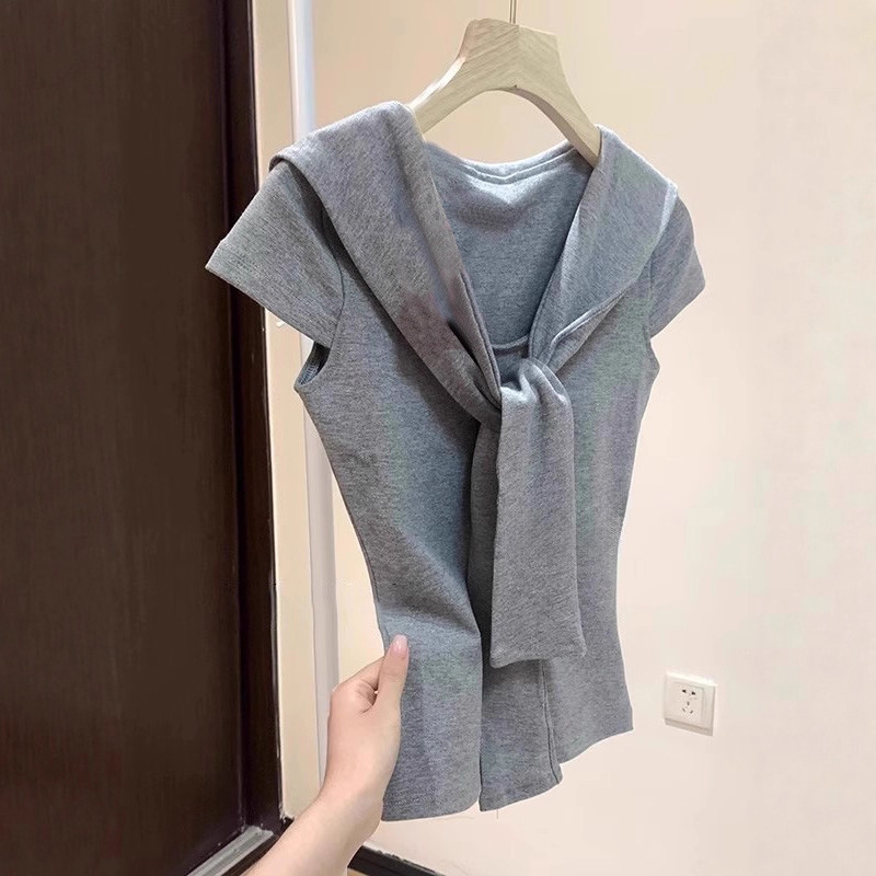 Navy Collar Tie Fake Two-Piece Short-Sleeve T-Shirt Fashion Solid Color Simple Design Fresh Age-Reducing Versatile Top for Women Ins