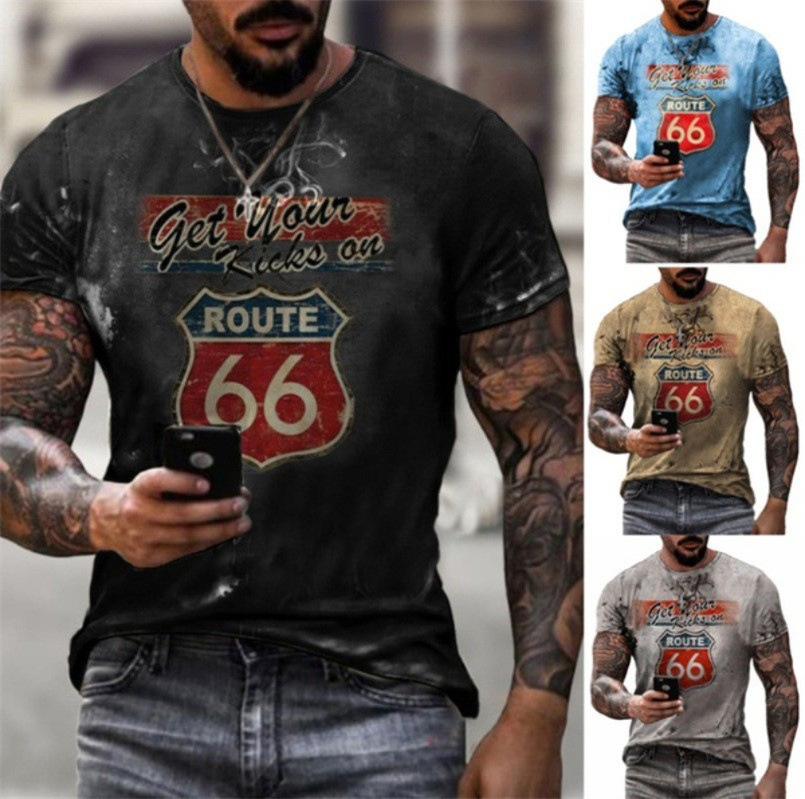 Summer Men T Shirts Vintage Short Sleeve America Route 66 Letter 3D Printed Fashion O Neck T Shirts Oversized Tops Man Clothes_voghion.com
