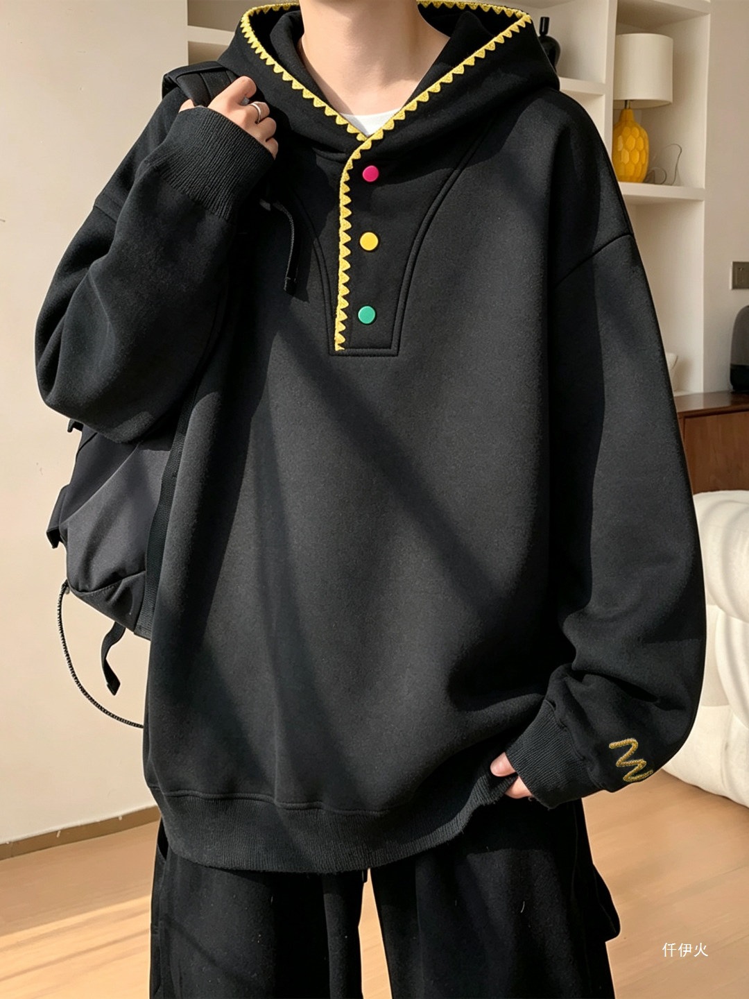 Hand-stitched embroidered hoodie for men, new autumn style, loose-fitting, with a hood, plus-size, casual outerwear