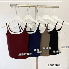 新款假兩件撞色吊帶背心帶胸墊女外穿內搭磨毛保暖美背吊帶小背心
