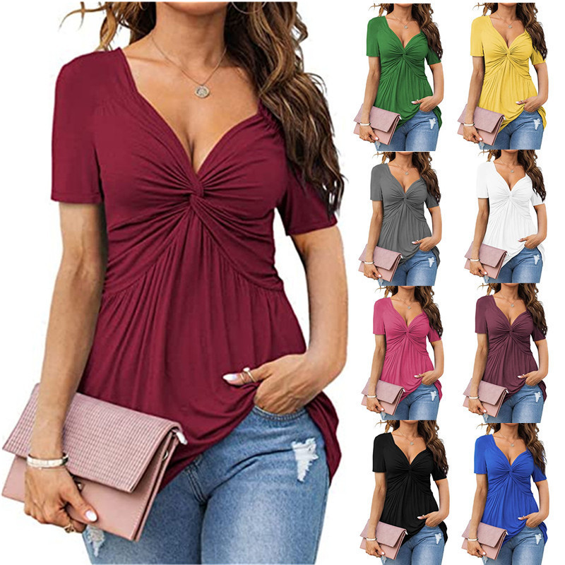 2025 European and American New Women's V-neck Front Kink Shirt Short Sleeve Elegant Casual T-shirt Solid Color Pullover Top