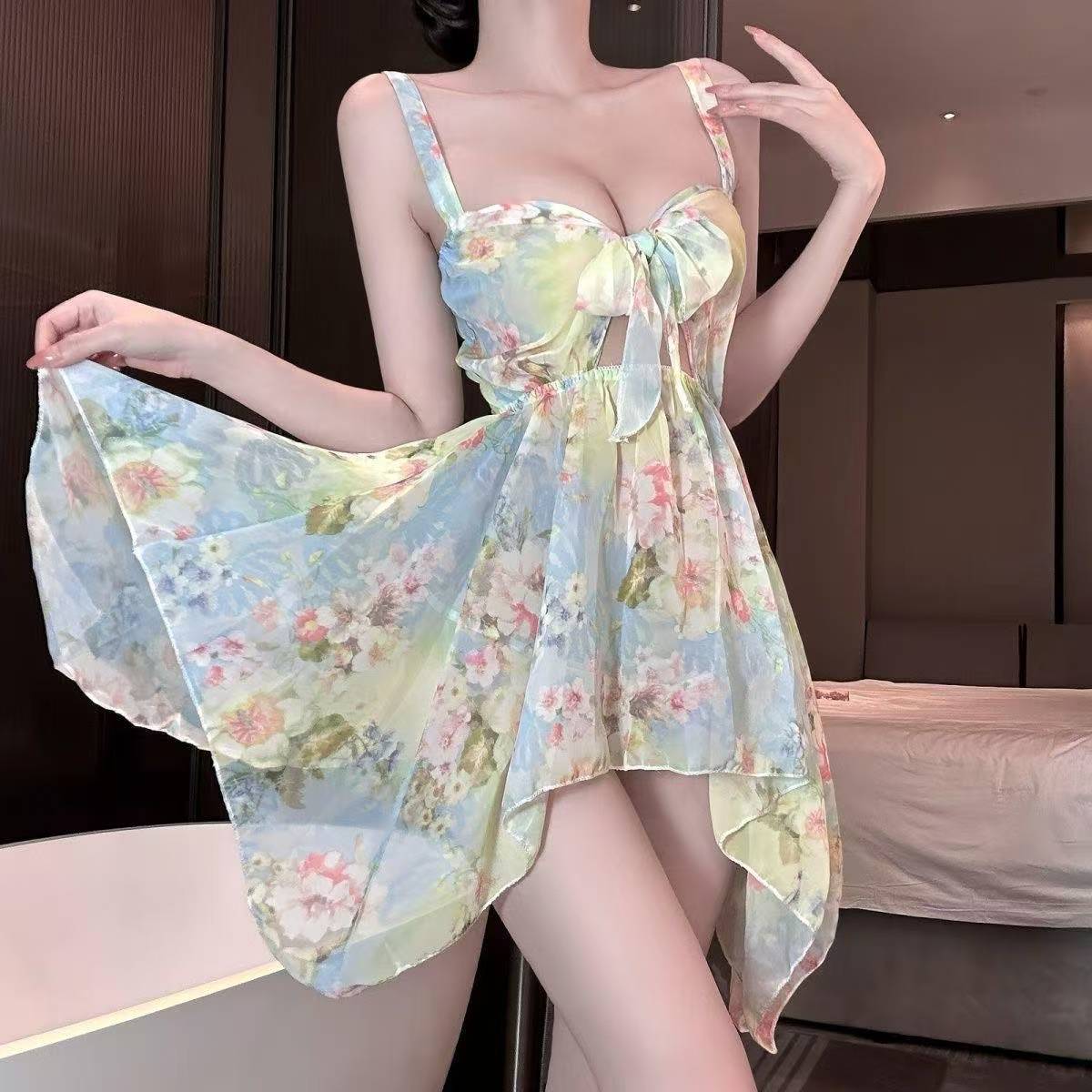 Floral Print Suspender Dress with Bow, French Beach Vacation Style, Summer Women’s Long Dress — detail image 4