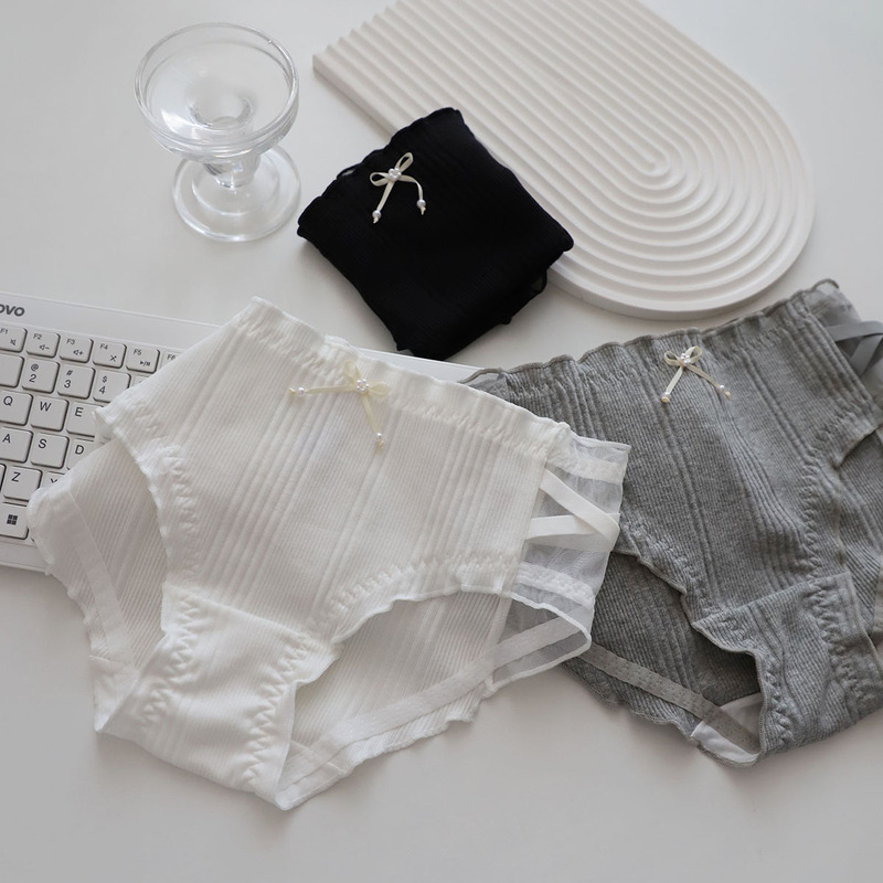 Oni Korean Style Temperament Little Sister Stretch Thread Cotton Briefs Women's Mesh Stitching Middle Waist Underpants for Students