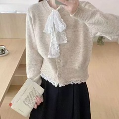 2025秋冬新款法式复古蕾丝蝴蝶结拼接针织开衫女温柔风毛衣女外套