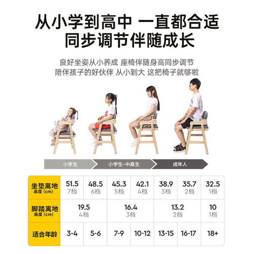 Children's solid wood chair, learning height-adjustable desk chair with back support for correcting posture, home dining chair