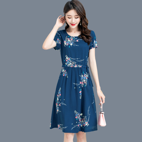 New fashion women's summer dress, middle-length, suitable for mothers, short-sleeved, plus-size dress for larger women