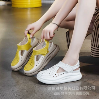 头层牛皮复古凉鞋女2026春季新款拼色厚底增高凉鞋一脚蹬女凉鞋