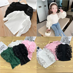 女童泡泡袖打底衫新款兒童中小童洋氣長袖T恤韓版上衣棉跨境代發