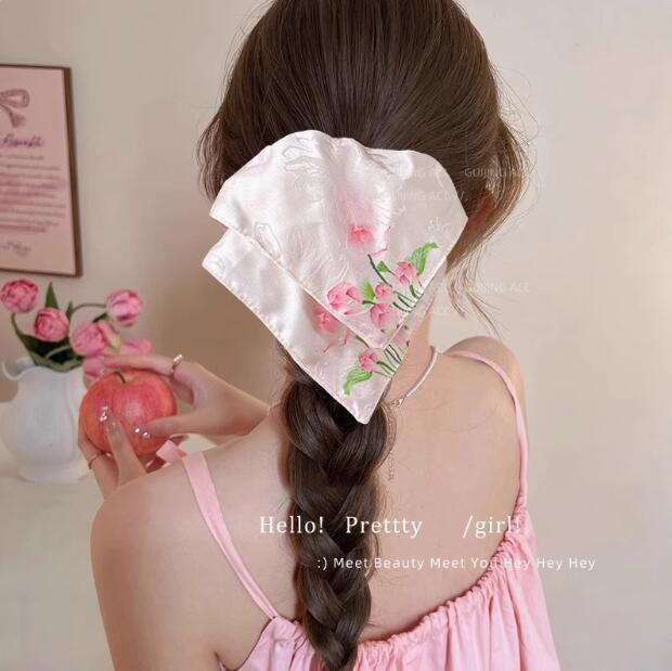 刺繍花スカイブルースクエアスカーフヘアバンド女性のハイエンド多用途帽子特大スクエアヘアロープヘアアクセサリー|undefined