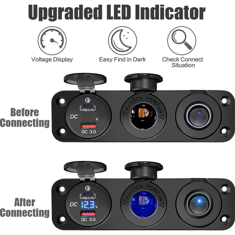 三合一usb車充type-c + pdブルースクリーンデジタル電圧計シガレット車載スイッチセット55w|undefined