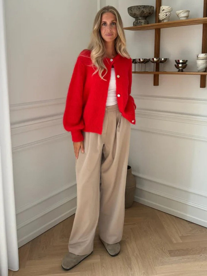 Áo cardigan len dệt kim dáng mỏng nhẹ cài nút một hàng, tay dài cổ tròn nữ — hoa hồng đỏ, màu be, màu cam, màu hoa cà chi tiết 39