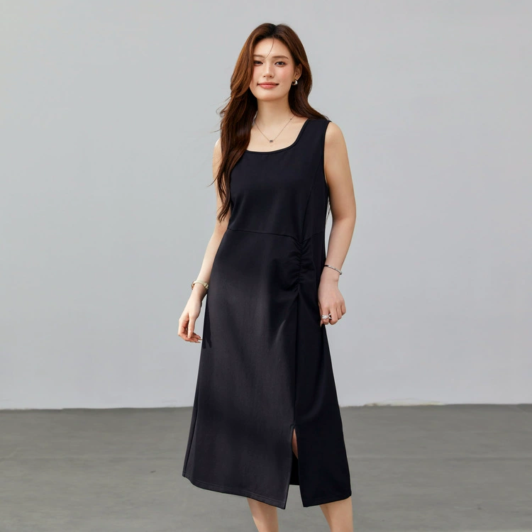 [Французское ретро талия черное платье с открытой вилкой] Funny Show большой размер женский толстый mm2025 весенний стиль новый