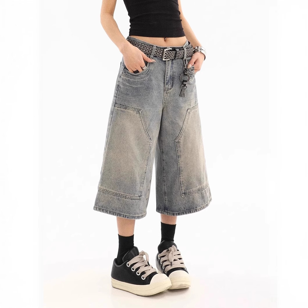 复古水洗七分裤女夏季做旧vibe青少年小众宽松直筒阔腿牛仔短裤女