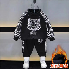 男童冬裝加絨加厚套裝2023新款中小童時髦拼接圓領衛衣衛褲兩件套