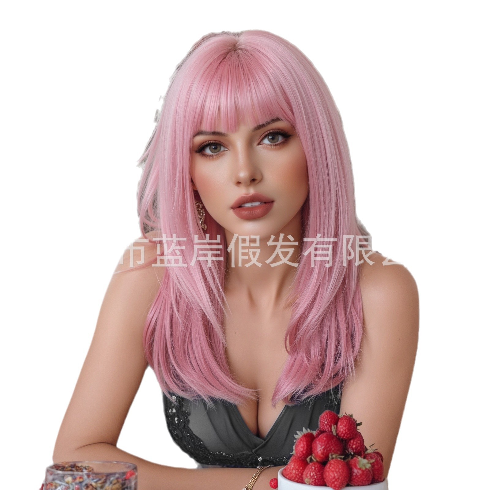 Cosplay rosa nueva peluca navideña mujer Qi flequillo de longitud media cola de cabello micro rizado conjunto completo stock de fábrica
