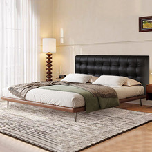 真皮床高端大气主卧大床现代简约轻奢复古华夫格齐边实木皮艺床